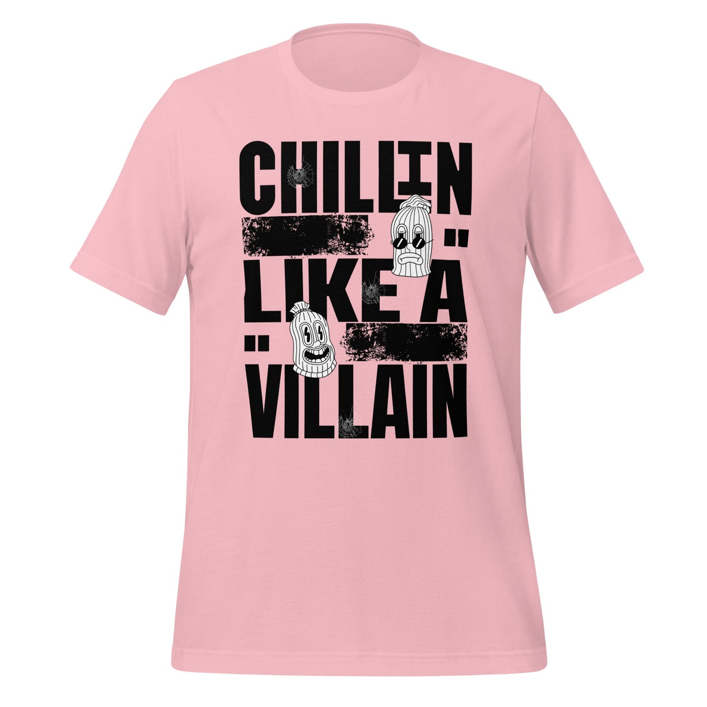 T-shirt featuring bold black-and-white quirky mask and spiderweb designs on a black background.