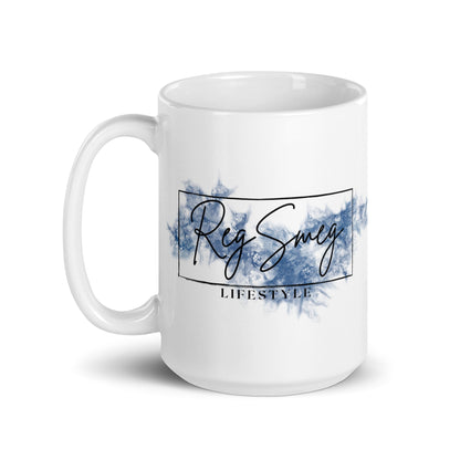 Ceramic mug featuring Reg Smeg Lifestyle logo with elegant script and a subtle watercolor splash.