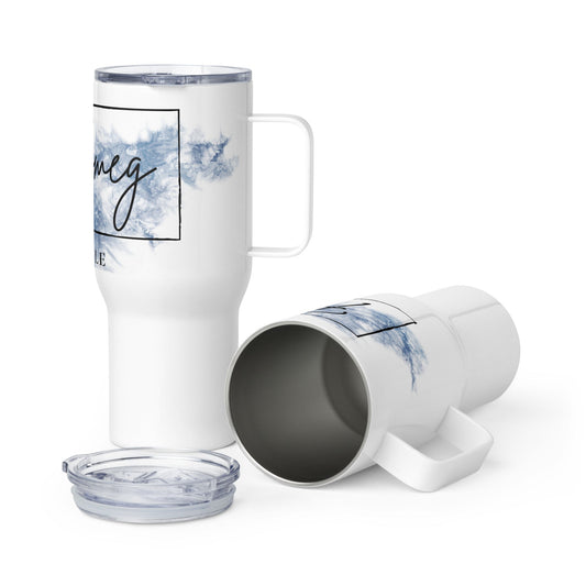 Travel mug featuring Reg Smeg Lifestyle logo with script typography and watercolor accents.