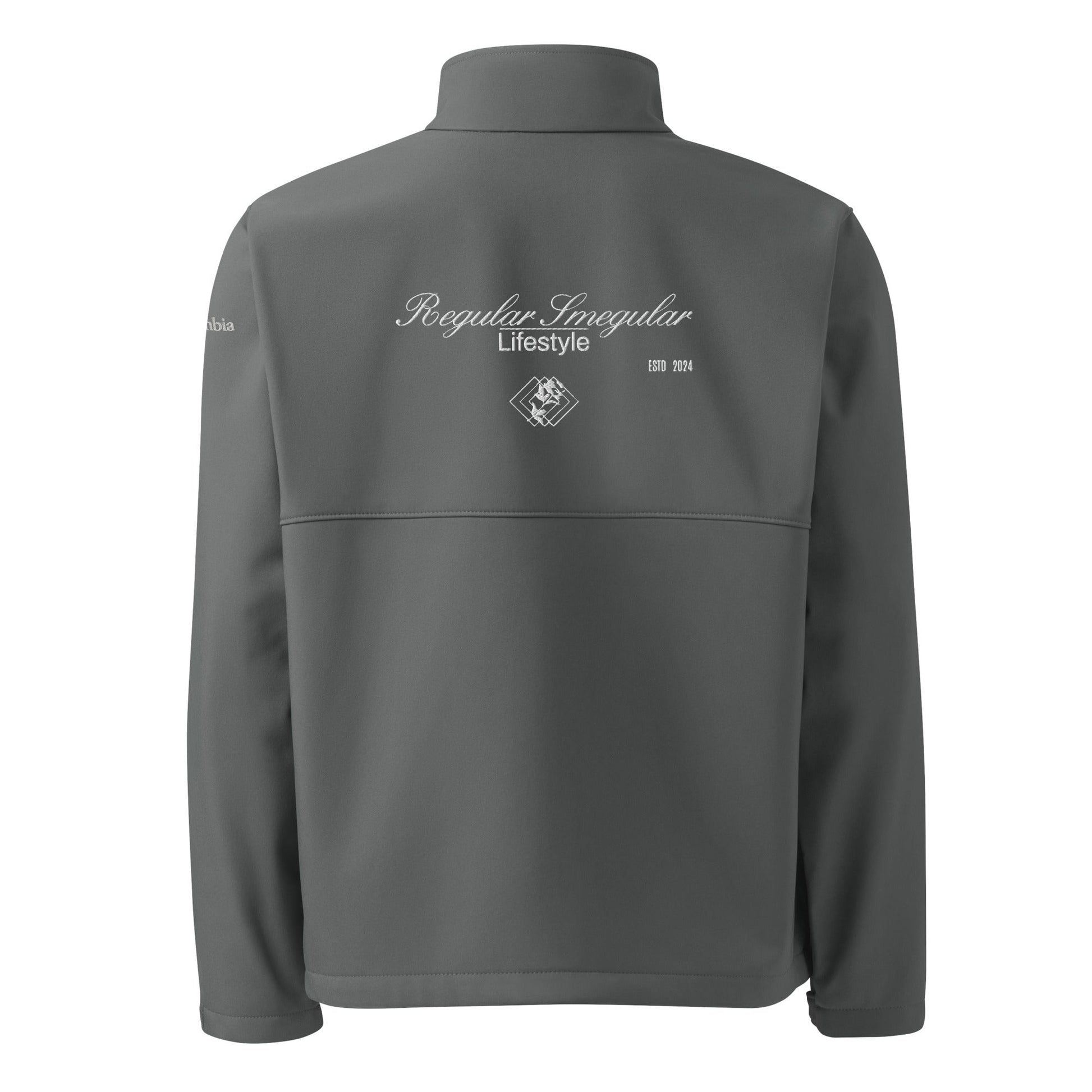 Columbia soft shell jacket back view with 'Regular Smegular Lifestyle' design, perfect for stylish and durable unisex outerwear.