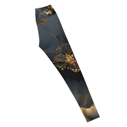 Elegant Black and Gold Floral Leggings – Luxury Activewear - RegSmegLife