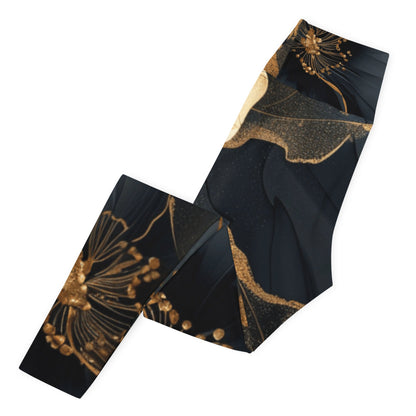 Elegant Black and Gold Floral Leggings – Luxury Activewear - RegSmegLife