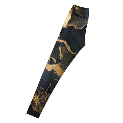 Elegant Black and Gold Floral Leggings – Luxury Activewear - RegSmegLife