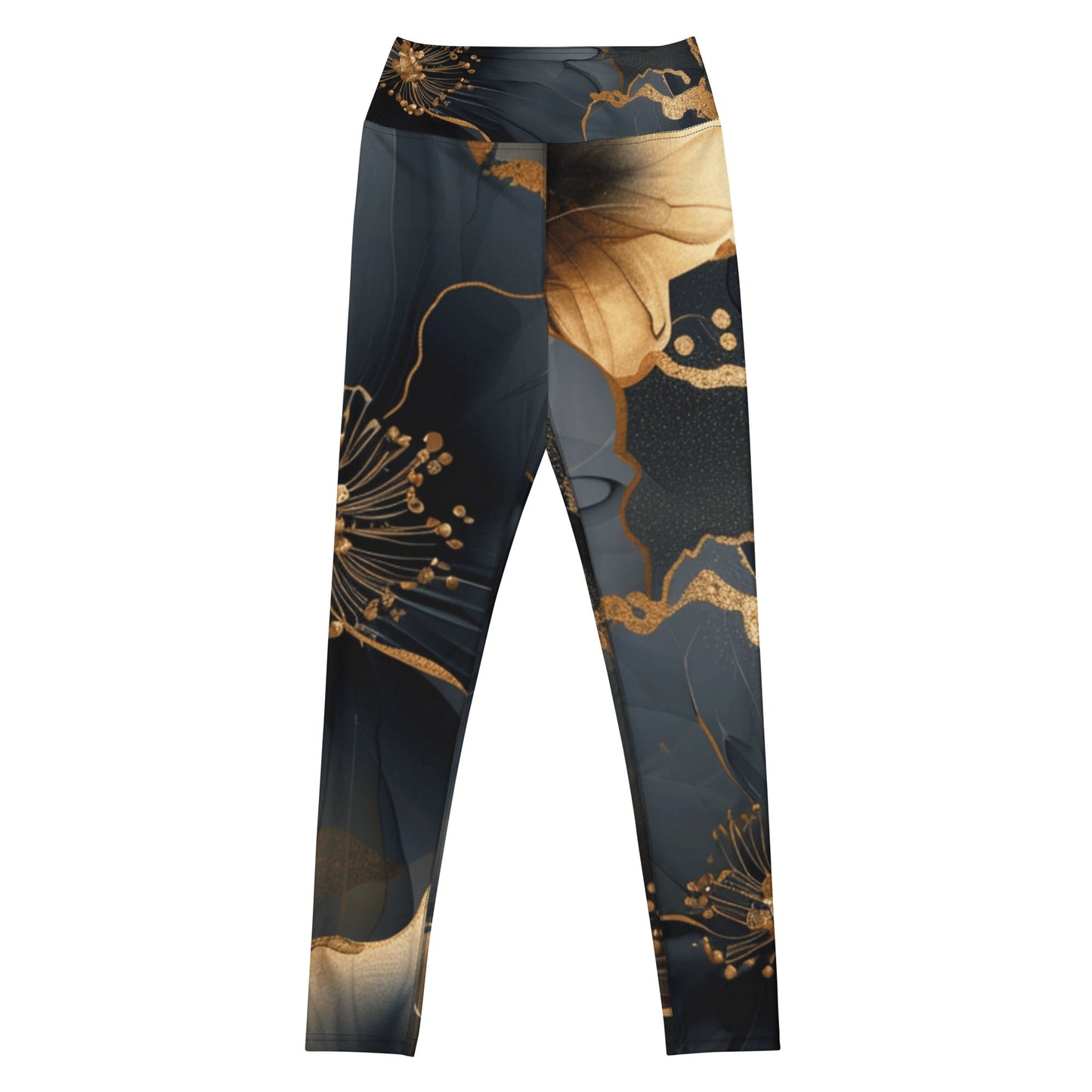 Elegant Black and Gold Floral Leggings – Luxury Activewear - RegSmegLife