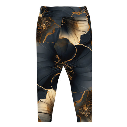 Elegant Black and Gold Floral Plus Size Leggings – Luxury Activewear - RegSmegLife