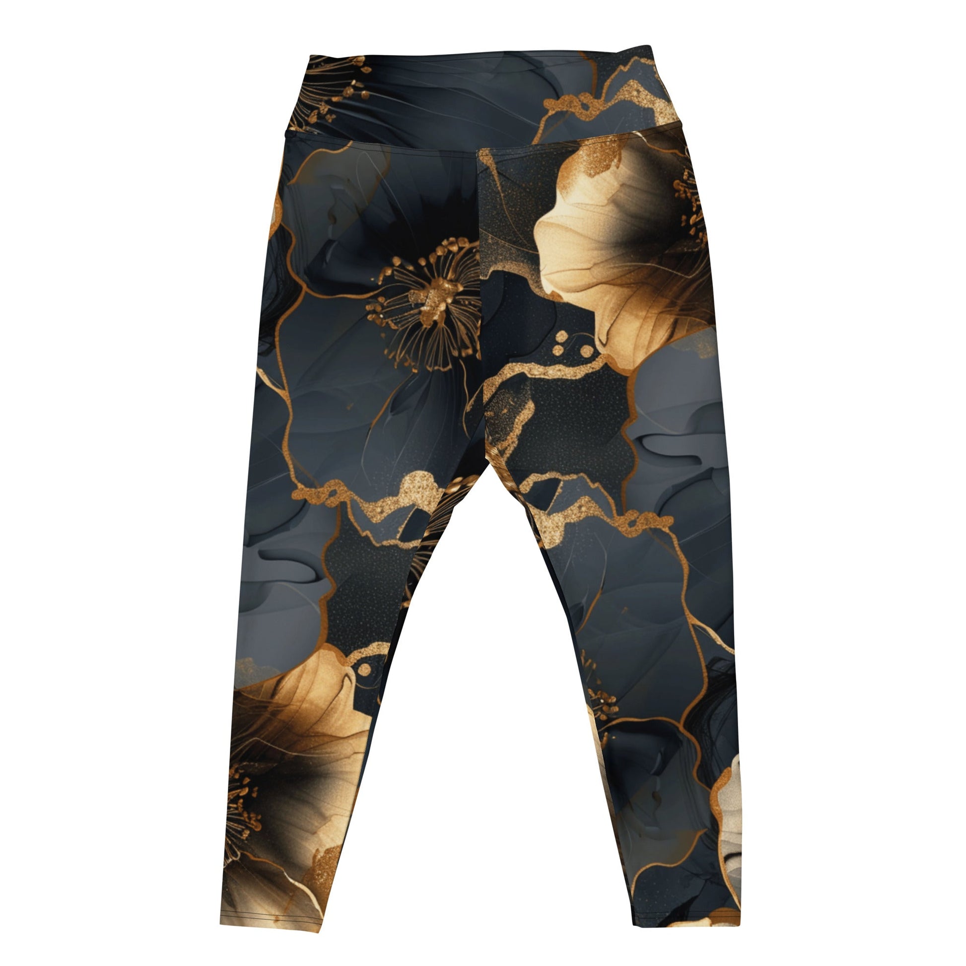 Elegant Black and Gold Floral Plus Size Leggings – Luxury Activewear - RegSmegLife