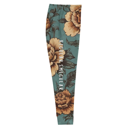 Teal vintage floral joggers with Regular Smegular text printed down the right leg