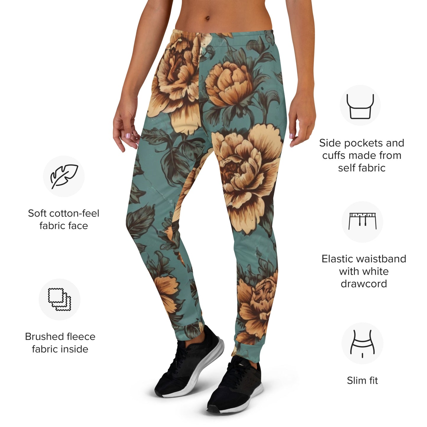 Teal vintage floral joggers with Regular Smegular text printed down the right leg