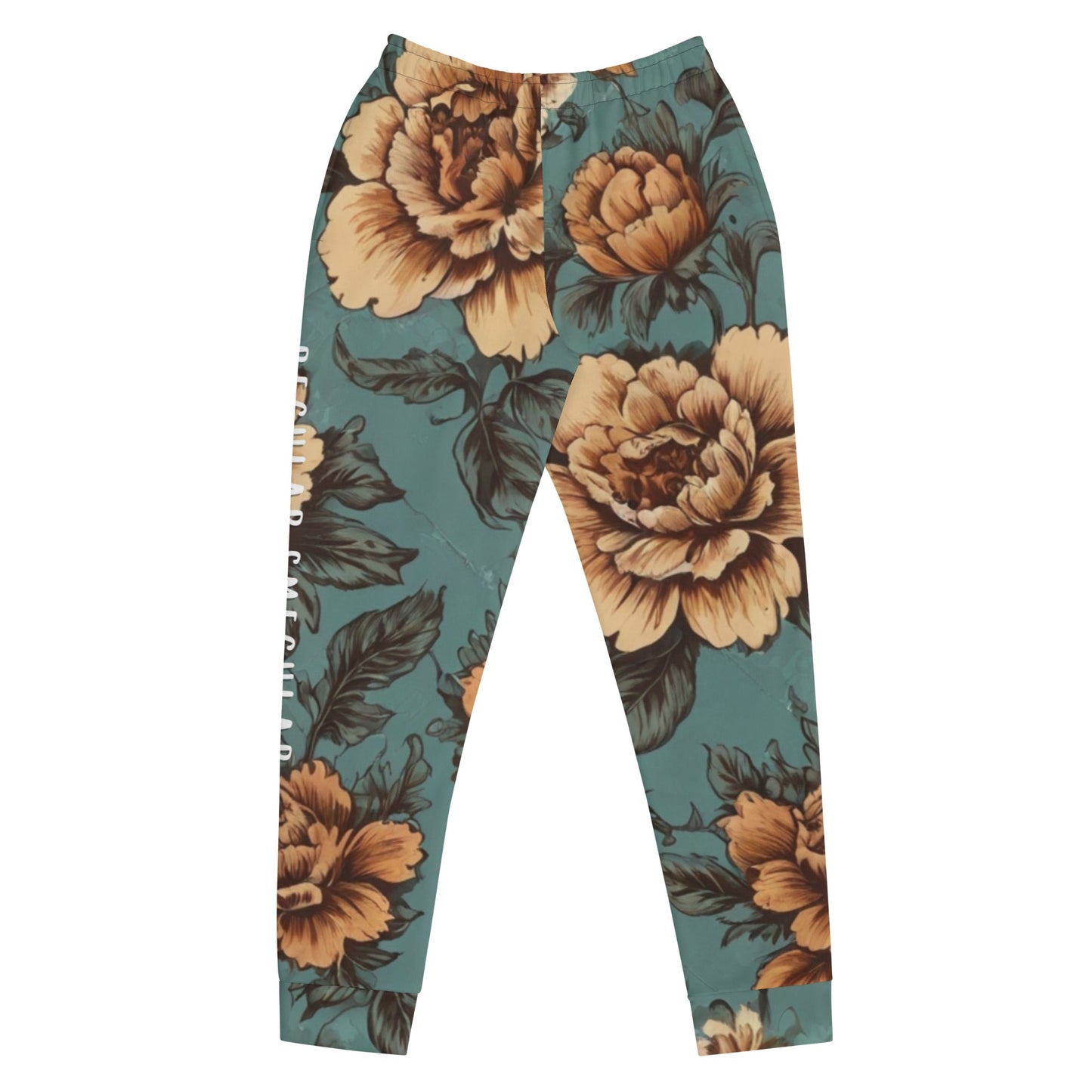 Teal vintage floral joggers with Regular Smegular text printed down the right leg